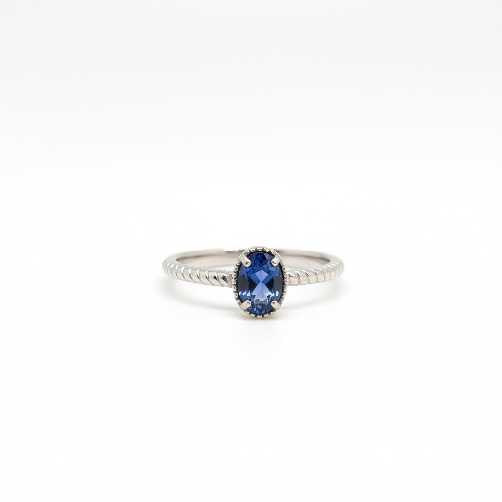 Natural Heated Oval Blue Sapphire S925 Demi Fine White Gold Adjustable Ring - Twist