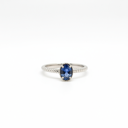 Natural Heated Oval Blue Sapphire S925 Demi Fine White Gold Adjustable Ring - Twist