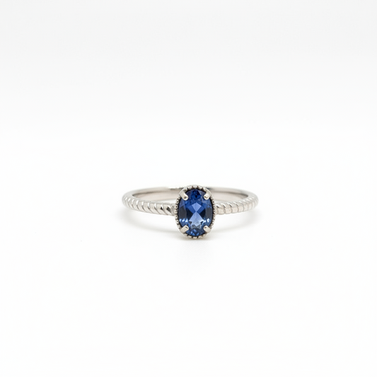 Natural Heated Oval Blue Sapphire S925 Demi Fine White Gold Adjustable Ring - Twist