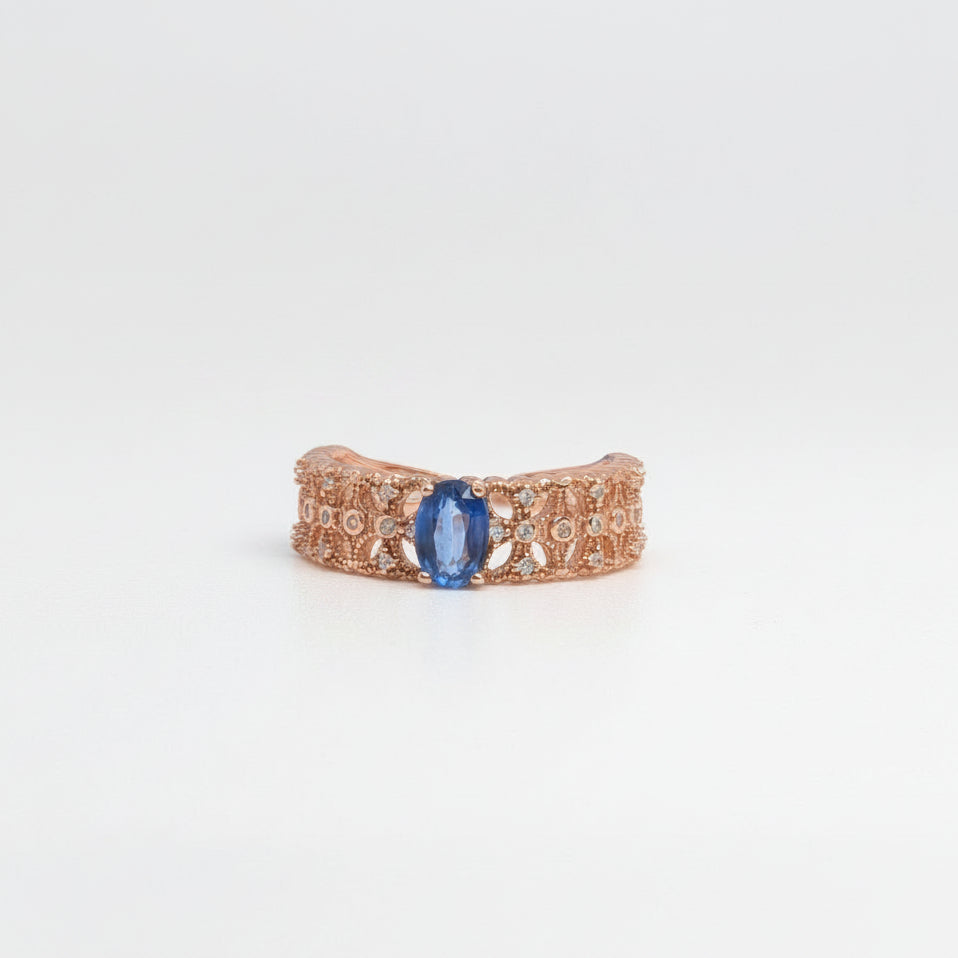Natural Heated Oval Blue Sapphire S925 Filigree Rose Gold Adjustable Ring - Felicia