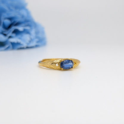 Natural Heated Oval Blue Sapphire Vintage S925 Demi Fine Yellow Gold Adjustable Ring