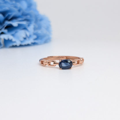 Natural Heated Oval Blue Sapphire S925 Demi Fine Rose Gold Adjustable Ring - Chain