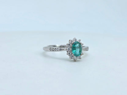 Natural Oval Emerald Halo Paved Ring in S925 Silver Gold Vermeil