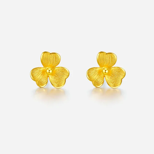 24K Pure Yellow Gold Three Leaf Clover Studs