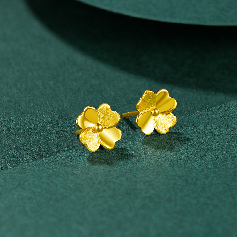 24K Pure Yellow Gold Four Leaf Clover Studs