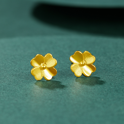 24K Pure Yellow Gold Four Leaf Clover Studs
