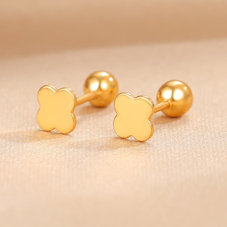 24K Pure Yellow Gold Four Leaf Clover Screw Back Studs
