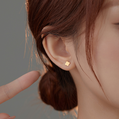 24K Pure Yellow Gold Four Leaf Clover Screw Back Studs