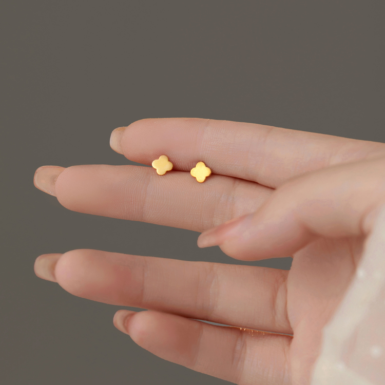 24K Pure Yellow Gold Four Leaf Clover Screw Back Studs