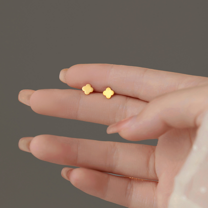 24K Pure Yellow Gold Four Leaf Clover Screw Back Studs