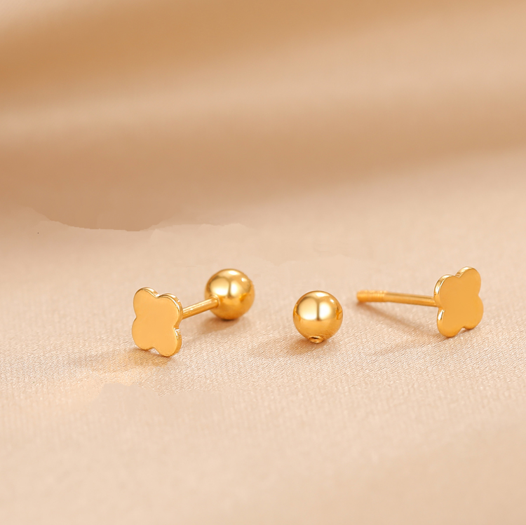 24K Pure Yellow Gold Four Leaf Clover Screw Back Studs